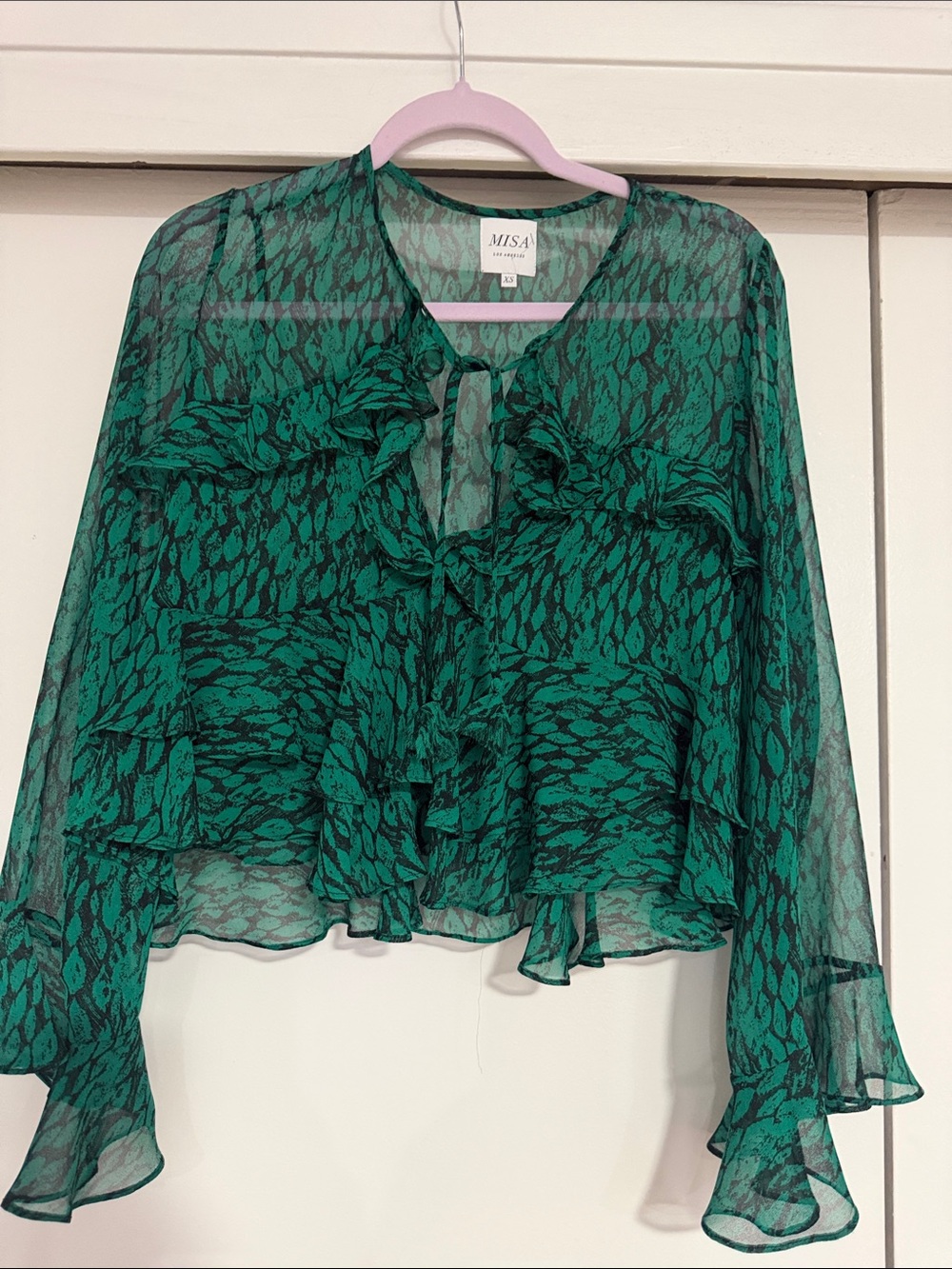 Misa Los Angeles Emerald Green Sheer Ruffle Blouse